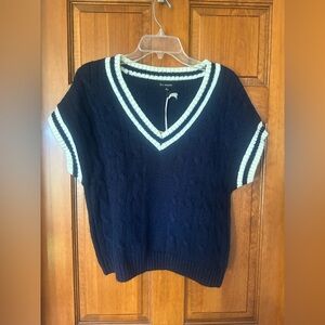 Blu Pepper Navy V-Neck Cable Knit Short Sleeve Sweater with White Trim